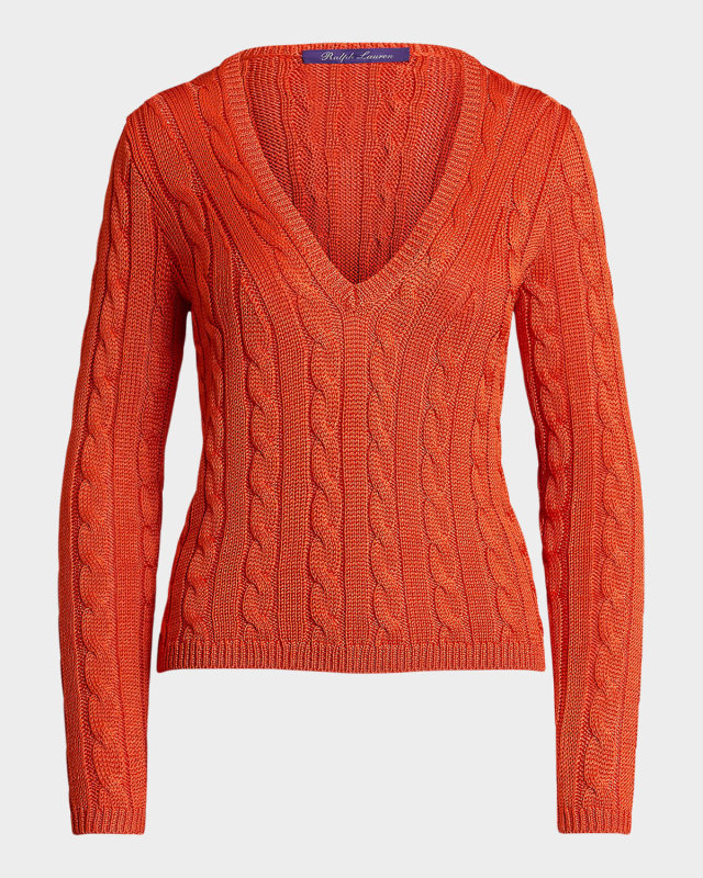 Cable-Knit Silk V-Neck Sweater